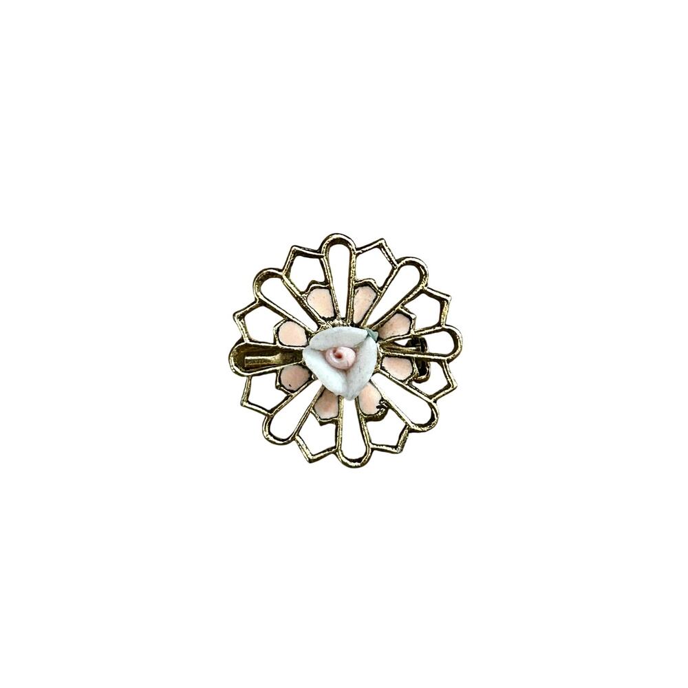 Vintage Gold Tone Filigree Brooch Pin Hand Painted Pink Rose